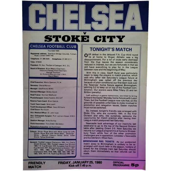 Chelsea V Stoke City 1980 football programme